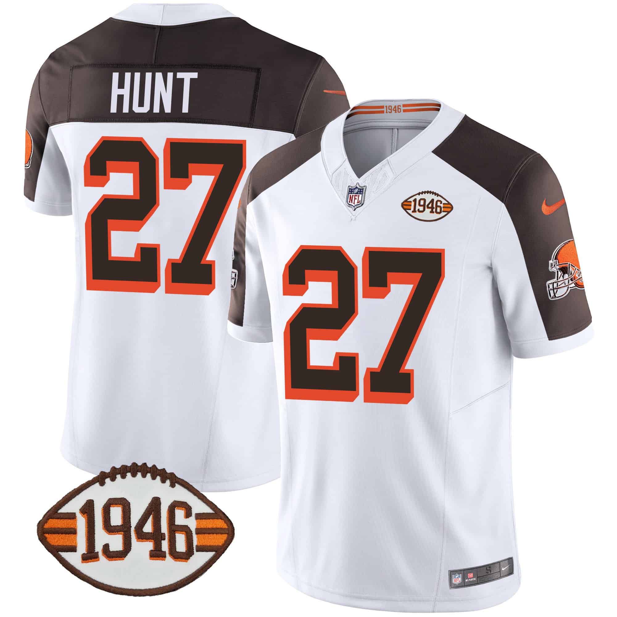 Men Cleveland Browns #27 Hunt White 1946 75th Anniversary Patch 2024 Nike NFL Jersey style 1